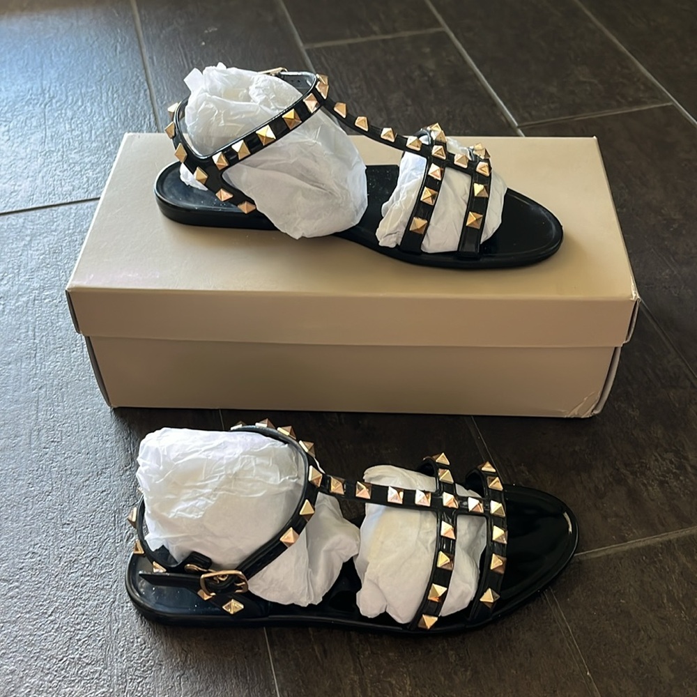 Black Rockstud Inspired Studded Jelly Sandals Size 37 US 6.5 Ankle Strap - Picture 3 of 6